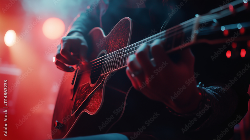 Obraz premium Guitarist Playing Live in a Concert with Red Lighting