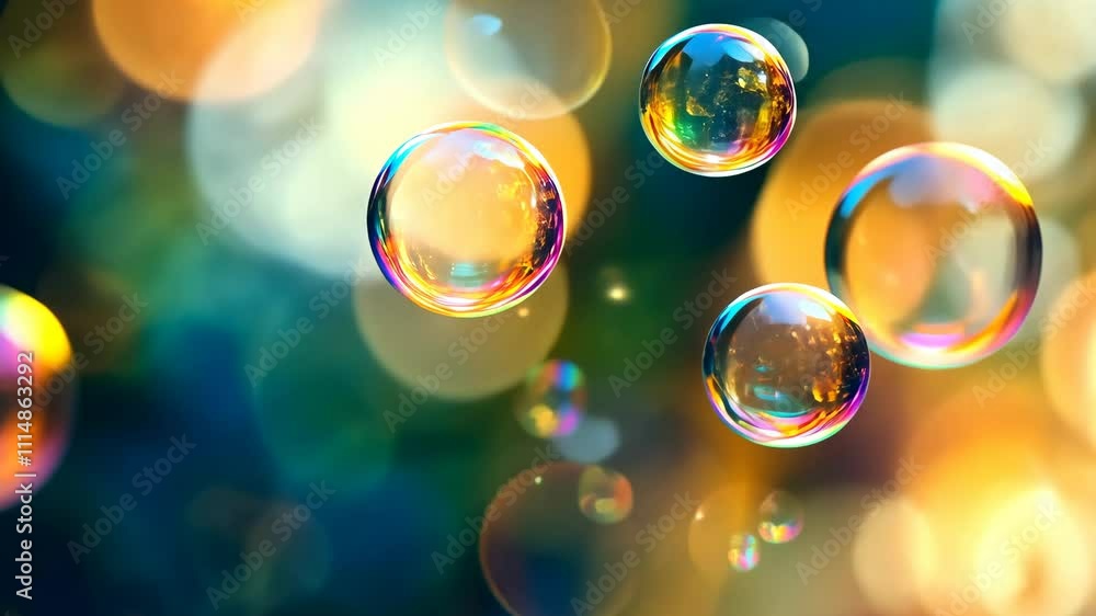 Colorful soap bubbles floating in vibrant bokeh