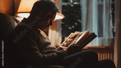A reflective individual sitting comfortably, lost in memories while looking through a well-worn photo album under soft lighting.A reflective individual sitting comfortably, lost in memories while look