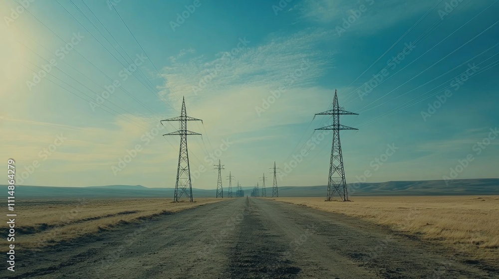 Obraz premium Endless road with power lines across a vast, flat landscape under a clear sky.