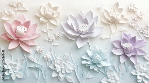 Pastel 3D floral wall art with embossed flowers and leaves.