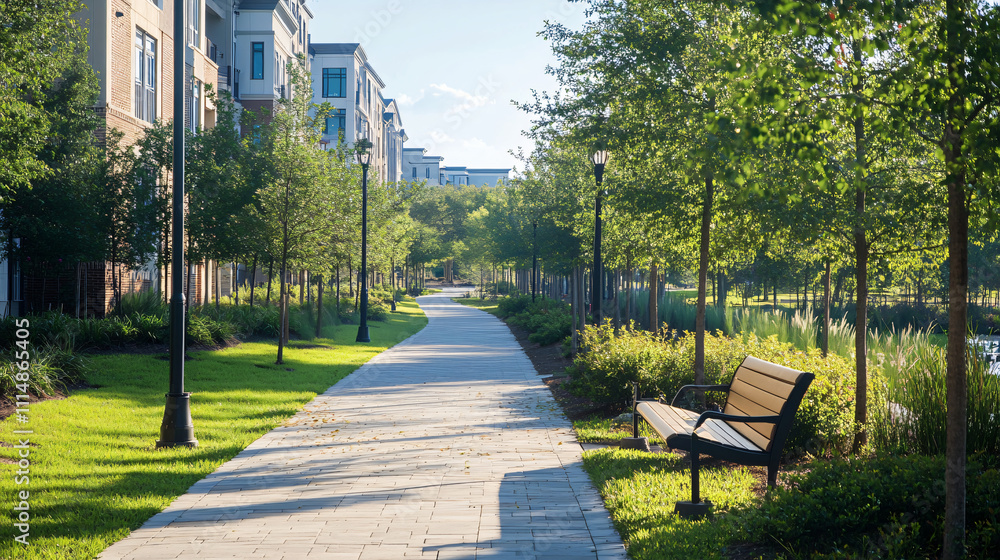 Naklejka premium A scenic pedestrian walkway connecting different neighborhoods.A scenic pedestrian walkway connecting different neighborhoods.A scenic pedestrian walkway connecting different neighborhoods.A scenic pe