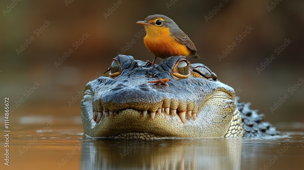 Obraz premium Small bird perched atop alligator's head in swamp water.