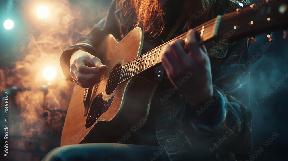 Obraz premium Close-up of Guitarist Performing on Stage