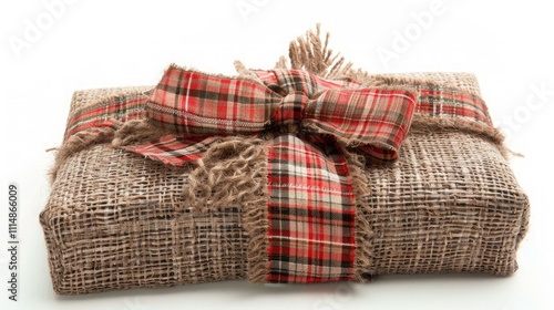 A rustic Christmas gift box wrapped in burlap fabric and tied with a red plaid ribbon