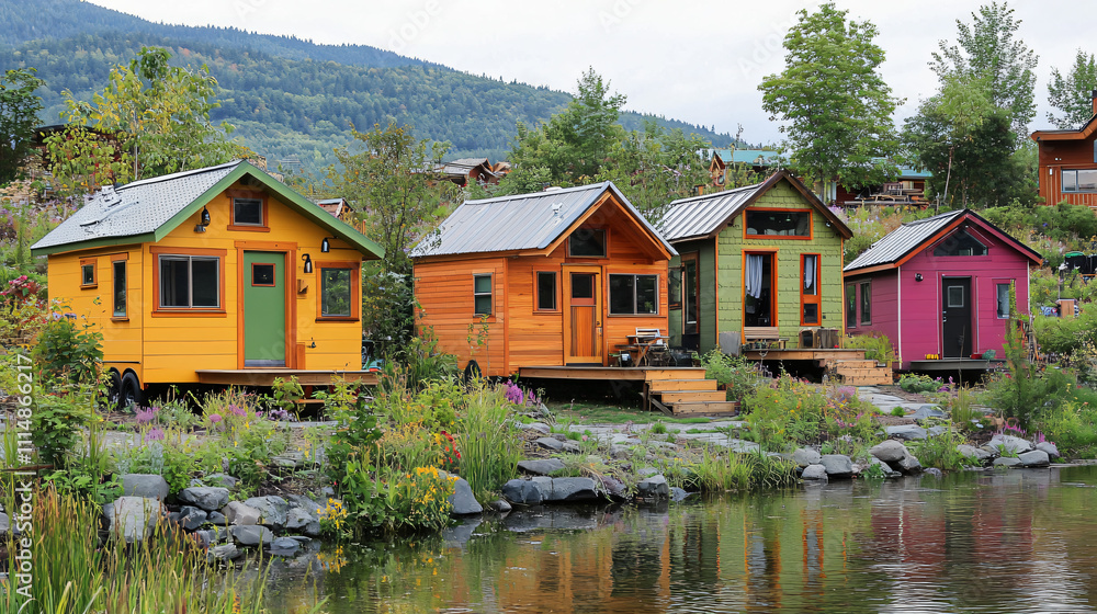 Obraz premium A series of eco-friendly tiny homes promoting sustainable living.A series of eco-friendly tiny homes promoting sustainable living.A series of eco-friendly tiny homes promoting sustainable living.A ser