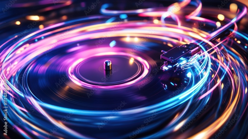 Obraz premium Vibrant neon light trails swirl around a spinning vinyl record on a turntable.