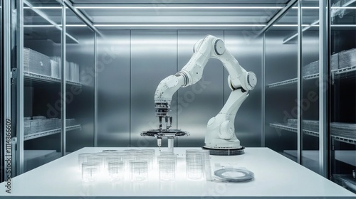 Robotic arm in a sterile environment handling glassware.