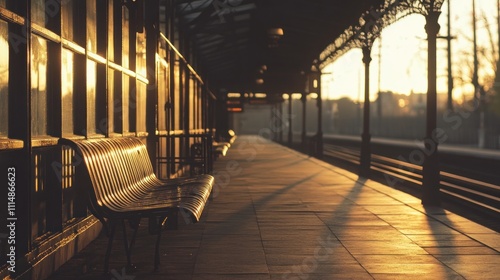 Sunrise at a deserted train station platform with empty benches.