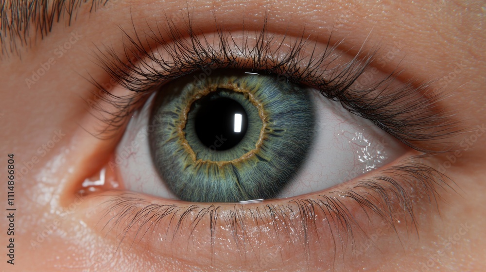 Fototapeta premium Close-up of a woman's beautiful green eye with visible details of iris, pupil, and eyelashes.