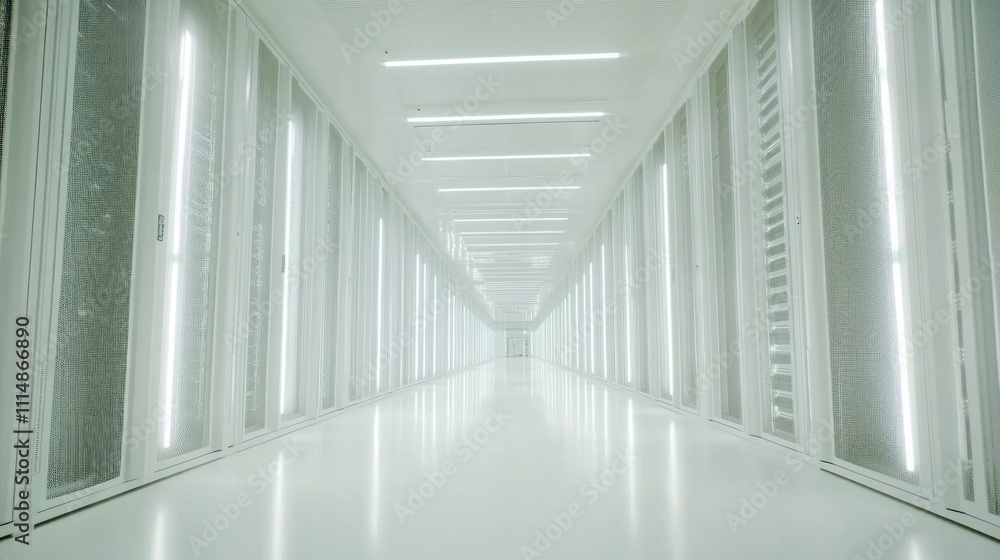 Obraz premium Bright, long, white corridor with server racks on either side.