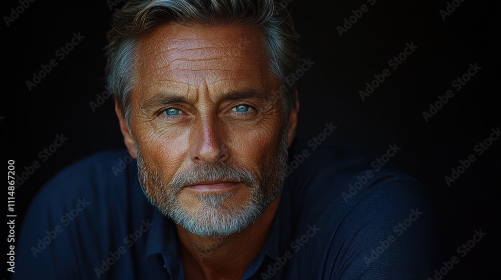 Fototapeta premium Close-up portrait of a handsome mature man with gray hair and blue eyes, against a dark background.
