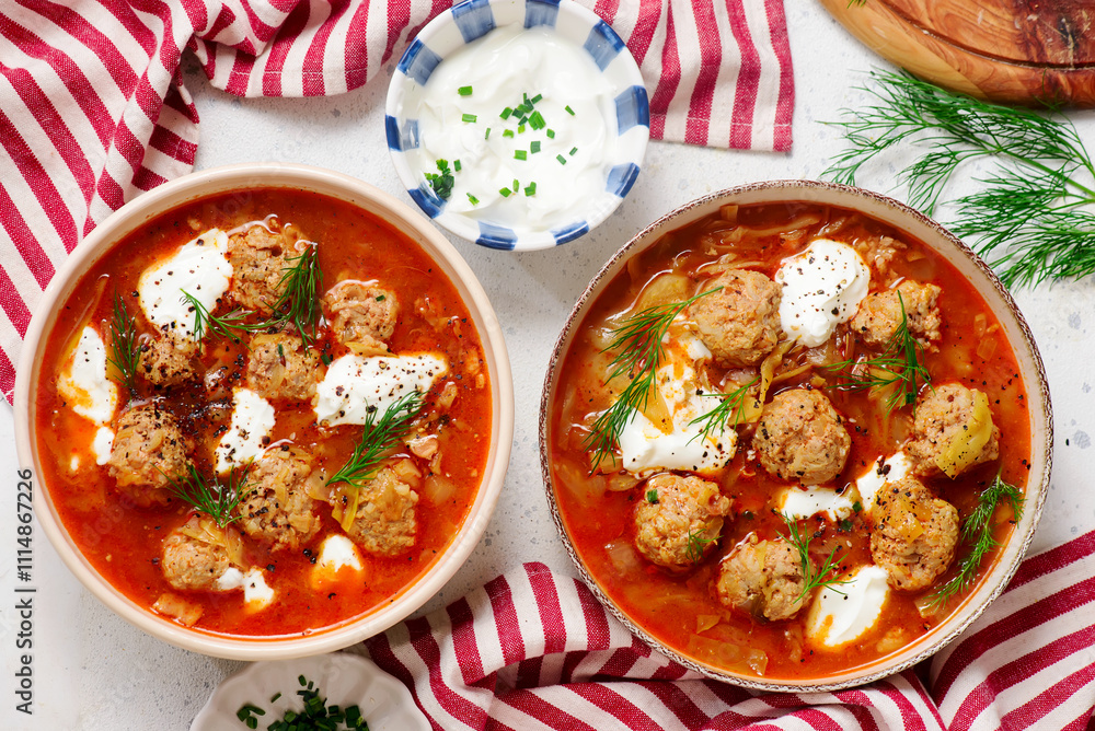 Romanian Cabbage Soup with Meatballs, Tomatoes and Sour Cream in a ceramic bowl on a table. .style hugge Romanian Cabbage Soup with Meatballs, Tomatoes and Sour Cream in a ceramic bowl on a table. .style hugge