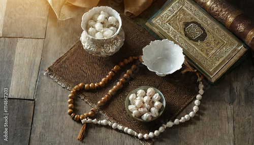 Holy Quran, rosary beads and rosary on wooden background