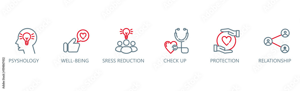 Obraz premium Mental health web icon vector illustration concept with icon of eating well, good sleep, activity, social, stress reduction, no smoking, no alcohol, helping others