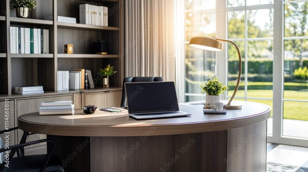 Fototapeta premium Sunlit home office with laptop on oval desk, bookshelves, and garden view.