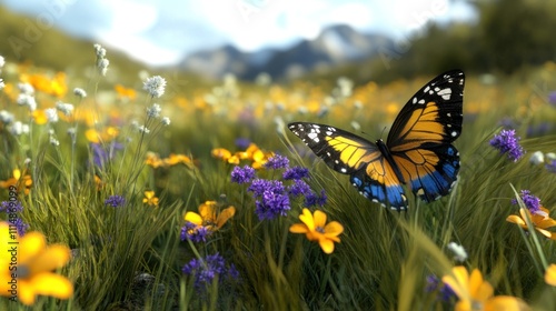 Monarch butterfly over vibrant wildflowers in a sunny meadow with mountains in the background.