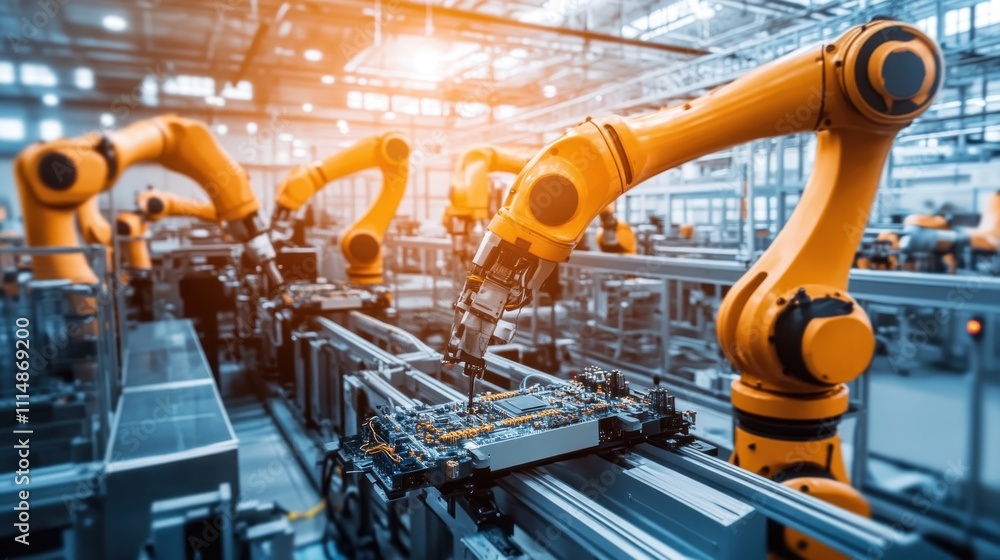 Fototapeta premium Automated robotic arms assembling circuit boards on a production line in a modern factory.