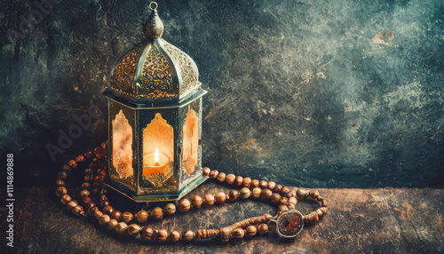 Lantern and rosary on dark background. Ramadan Kareem concept
