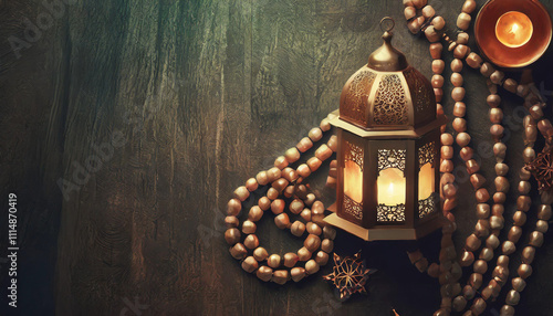 Vintage lantern and rosary beads on wooden table. Ramadan Kareem background
