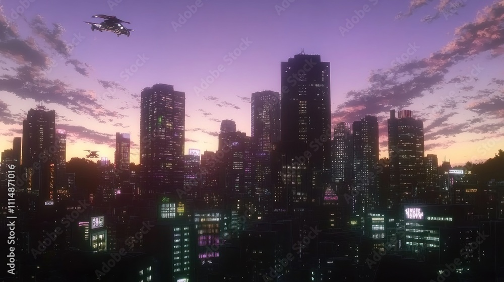 Fototapeta premium Futuristic cityscape at sunset with a helicopter flying overhead.