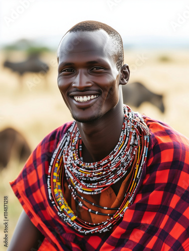 Smiling Maasai man in traditional beaded attire in Africa