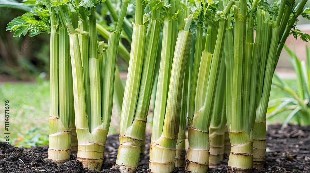 Obraz premium Fresh Celery Stalks Growing Upright in Rich Dark Soil Garden
