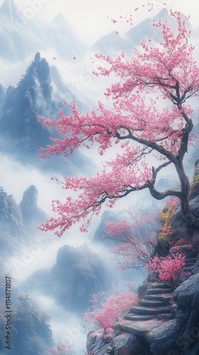 Pink cherry blossoms in foggy mountain range with stone steps