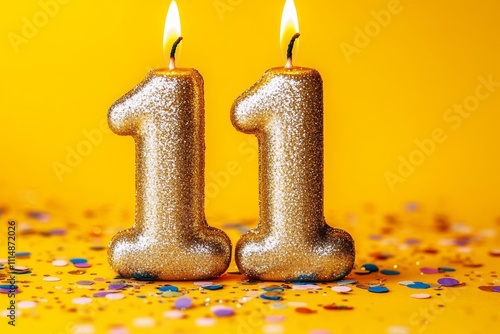 Gold Number 11 Candles on Yellow Background with Confetti for Eleventh Birthday Celebration photo