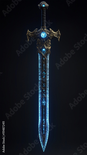 Fantasy sword with mystical blue glow and intricate design