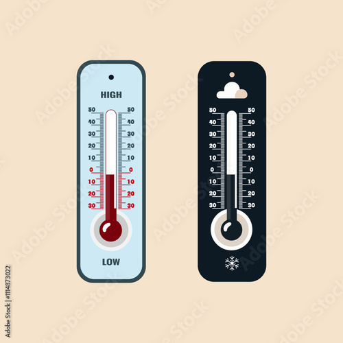 Two thermometers in different styles with inscriptions and graphic images, with a Celsius scale, a thermostat for temperature control. Thermometers that measure temperatures, meteorological equipment