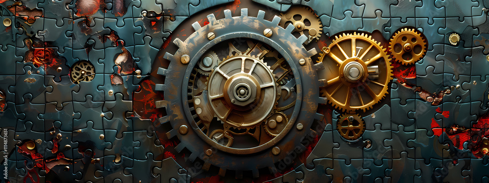 An intricate steampunk-inspired puzzle featuring mechanical gears and cogs in bronze and silver tones against a dark blue background. An intricate steampunk-inspired puzzle featuring mechanical gears and cogs in bronze and silver tones against a dark blue background.