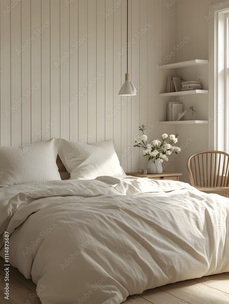 Cozy Minimalist Bedroom with Wooden Accents and Natural Light. A Serene Space Featuring a Comfortable Bed, Elegant Pendant Lights, and a Stylish Wooden Bookshelf with Decorative Items and Flowers. Cozy Minimalist Bedroom with Wooden Accents and Natural Light. A Serene Space Featuring a Comfortable Bed, Elegant Pendant Lights, and a Stylish Wooden Bookshelf with Decorative Items and Flowers.