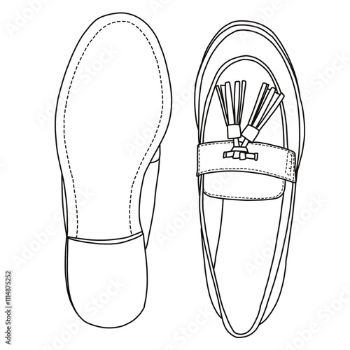 Women's Slip On Loafers Casual Shoes with tie accessories on top Line art, Technical sketch hand drawing outline vector doodle top and bottom view isolated on white background for coloring page