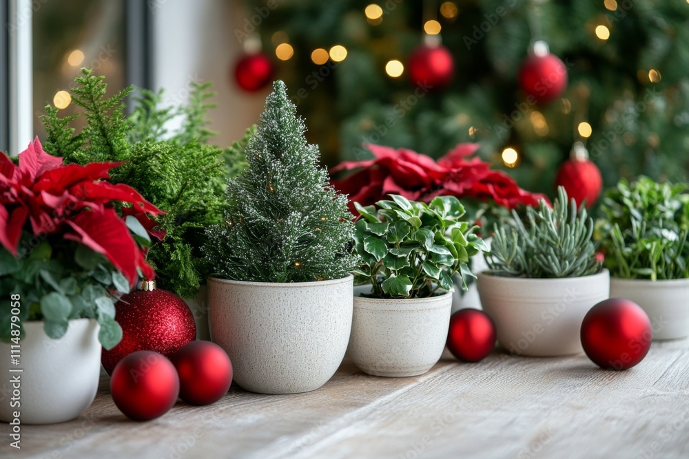 Festive indoor display of Christmas plants and ornaments creating a cozy holiday atmosphere Festive indoor display of Christmas plants and ornaments creating a cozy holiday atmosphere