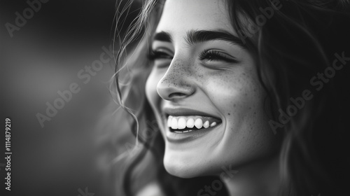 Black and White Portrait of a Laughing Woman
