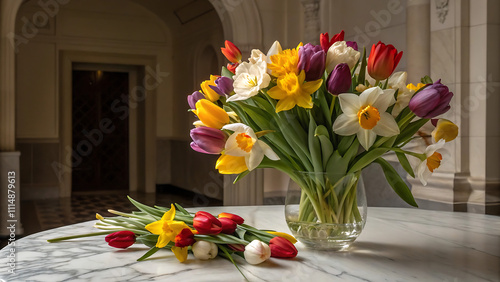 A glass vase with a bright spring bouquet of tulips and daffodils stands on a marble surface in a classic interior. There is a second bouquet nearby, adding charm and elegance. photo