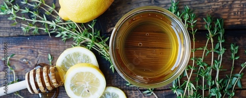 Honey, lemon slices, and fresh thyme arranged on a rustic wooden surface for a natural remedy shot. photo