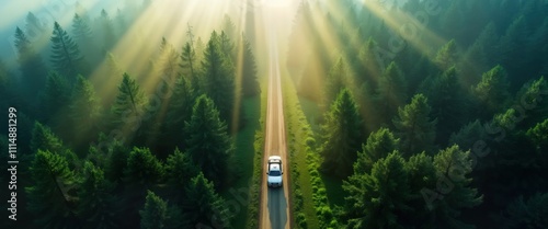 White car drives through green forest. Sunbeams pierce fog. Scenic road. Natural landscape. Adventure travel. Beautiful eco tourism. Vehicle motion through nature. Exploration in forest. Natural photo