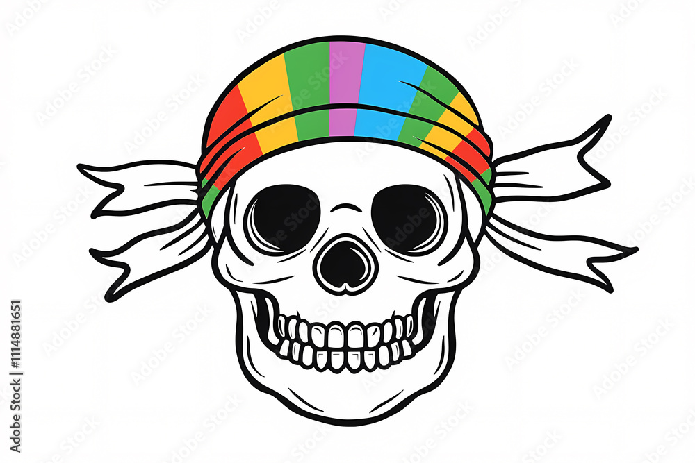 Fototapeta premium A bold, colorful skull design featuring a vibrant striped bandana, perfect for creative art projects and Halloween themes.
