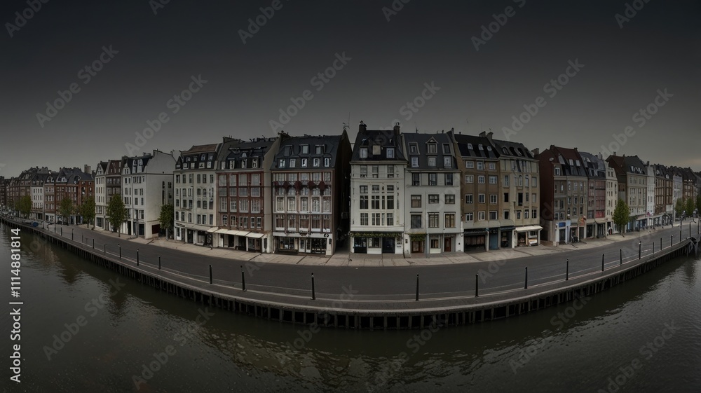 Fototapeta premium Panoramic view of a canal-side street with historic buildings.
