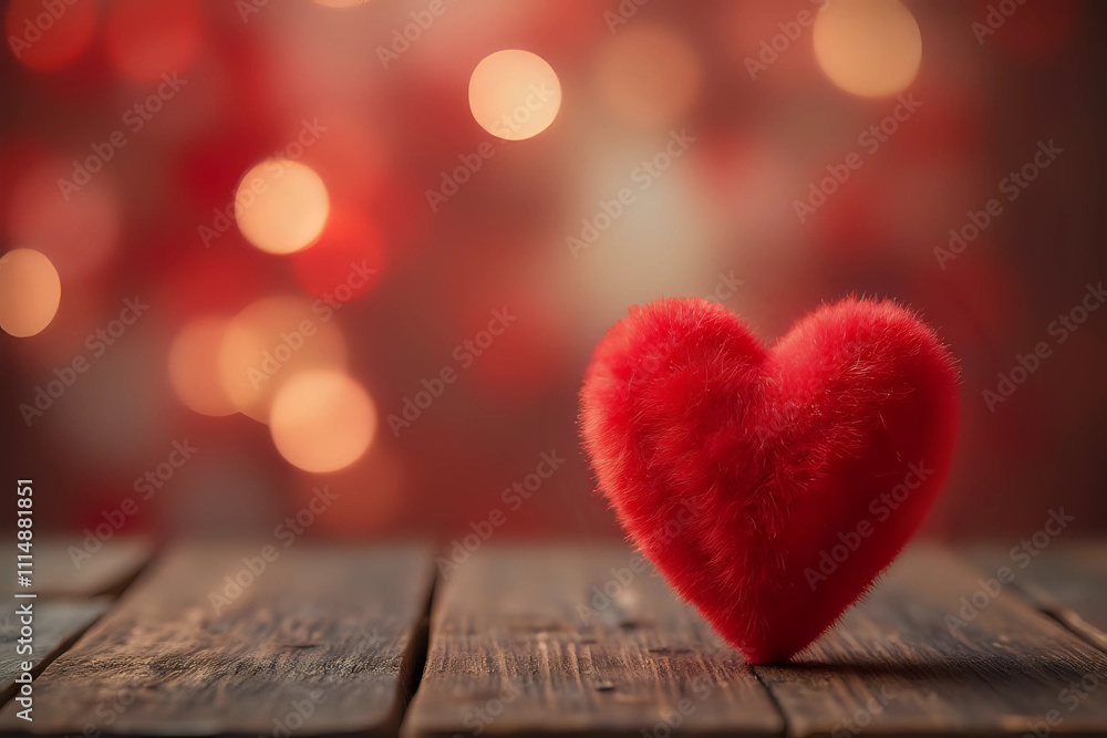 Fototapeta premium Close up of red heart on wooden table against defocused bokeh light background. Love, valentine's day concept.