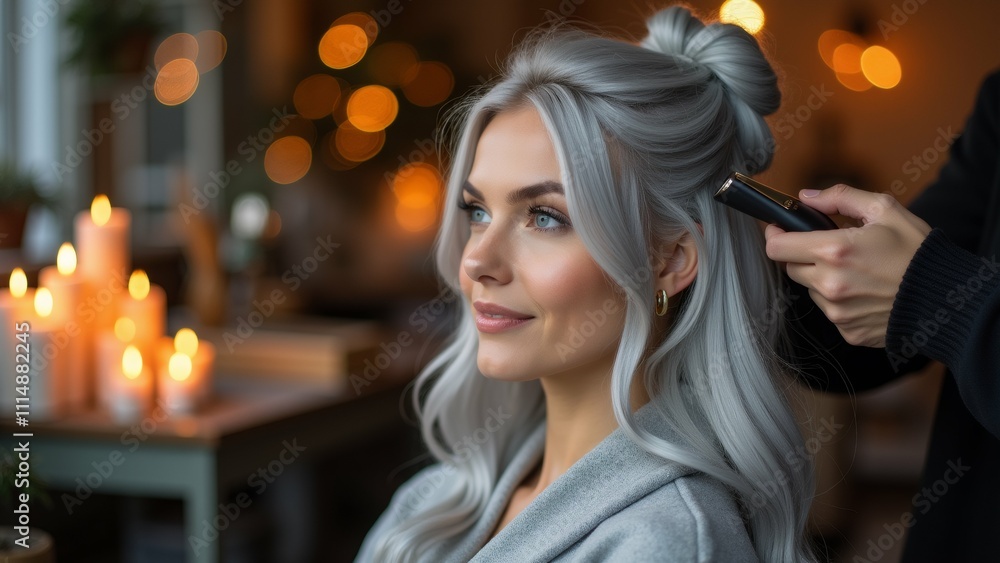 The image shows a young woman with long blonde hair, sitting in a salon. She is wearing a grey robe and has a smile on her face. The image shows a young woman with long blonde hair, sitting in a salon. She is wearing a grey robe and has a smile on her face.