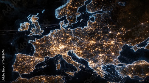 Illuminated Europe Map at Night Showing Cities and Connections