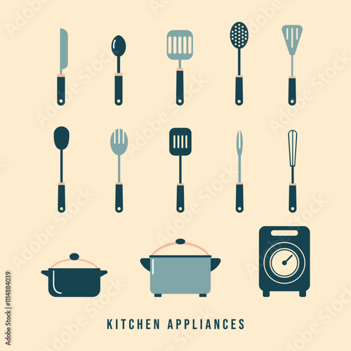 A set of kitchen utensils and equipment including pots, scales, knife, spatulas, skimmers, forks, whisks