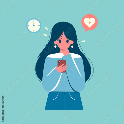 Illustration of a sad girl looking at her mobile phone. Time to break up via text message