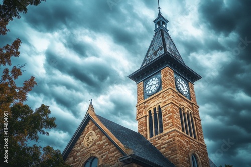 Historic clock tower with gothic architecture under dramatic cloudy sky
