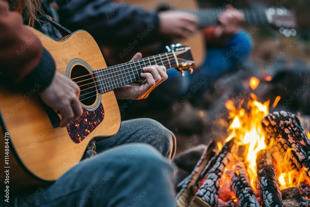 Obraz premium Young adults playing acoustic guitars by campfire in forest setting