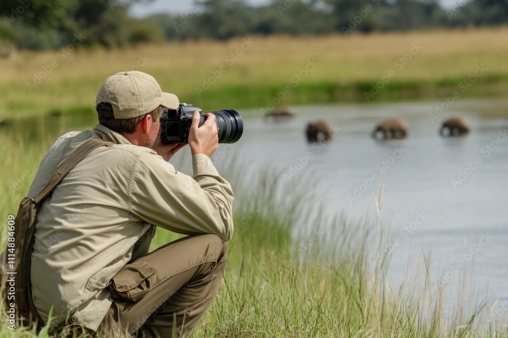 Caucasian male photographer in safari captures wildlife by the water Caucasian male photographer in safari captures wildlife by the water