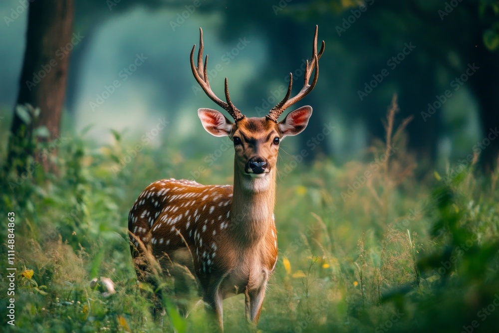 Obraz premium Majestic spotted deer standing in lush green forest clearing